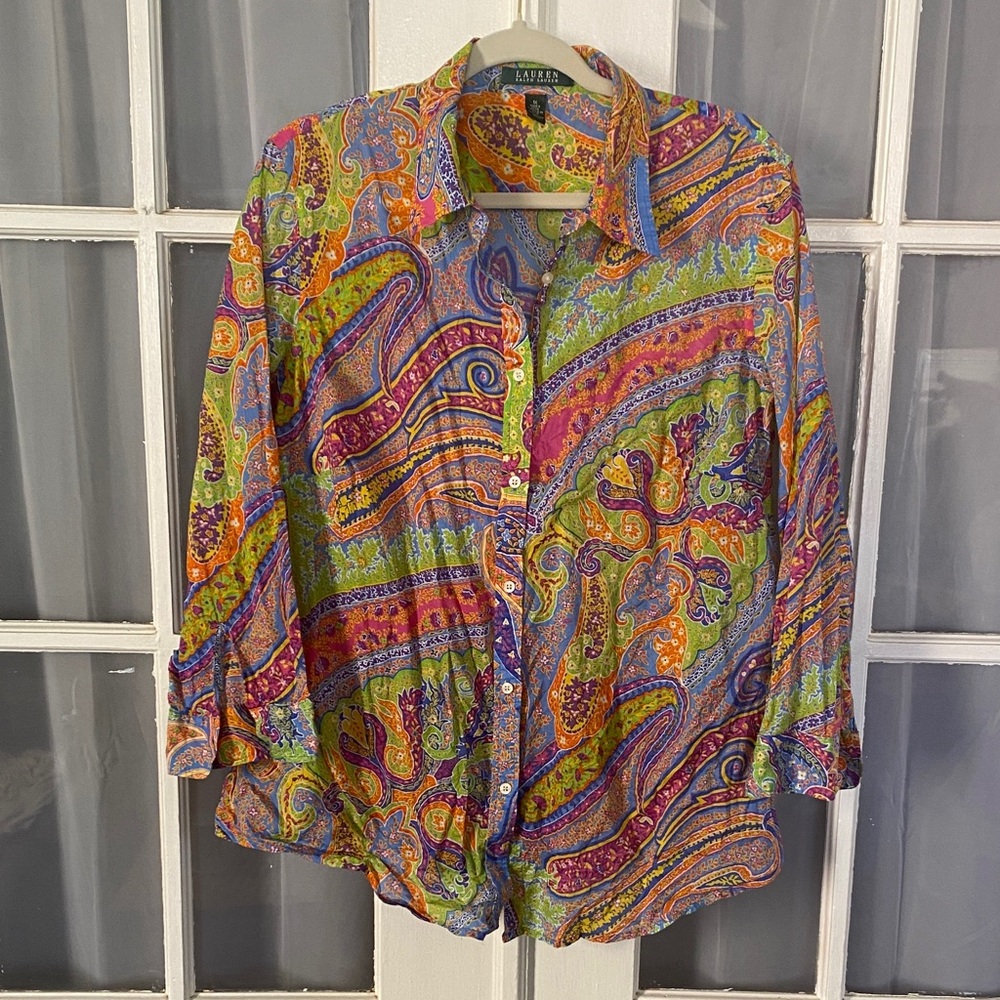 Lauren Ralph Lauren Colorful Paisley Light Weight Button-Up Shirt Blouse Top - Picture 2 of 7